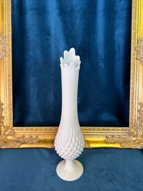 Vintage Fenton Swung Vase Hobnail White Glass 14-1/2" MCM